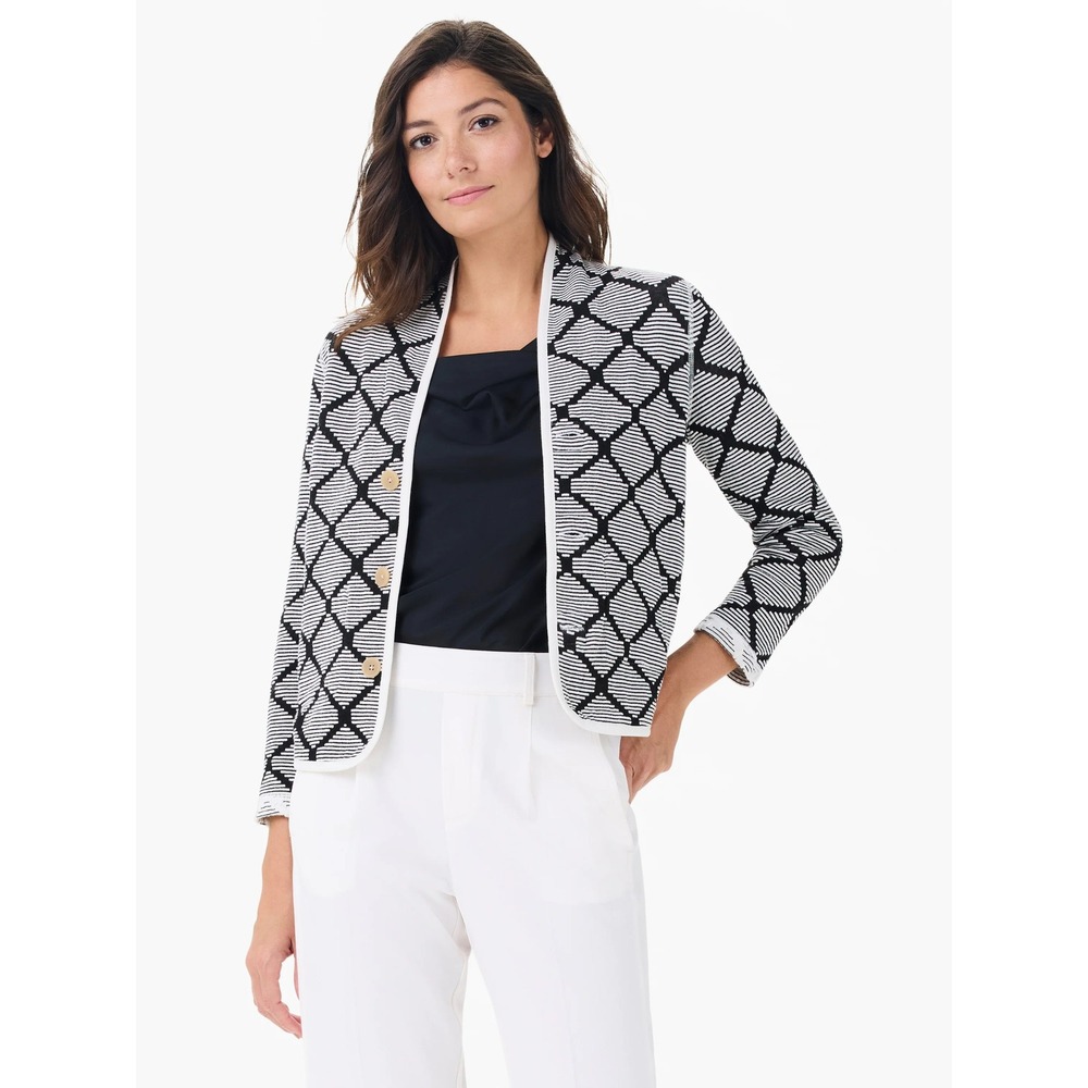 NIC+ZOE Day + Night Reversible Knit Jacket Black White Geometric Diamond‎ Print